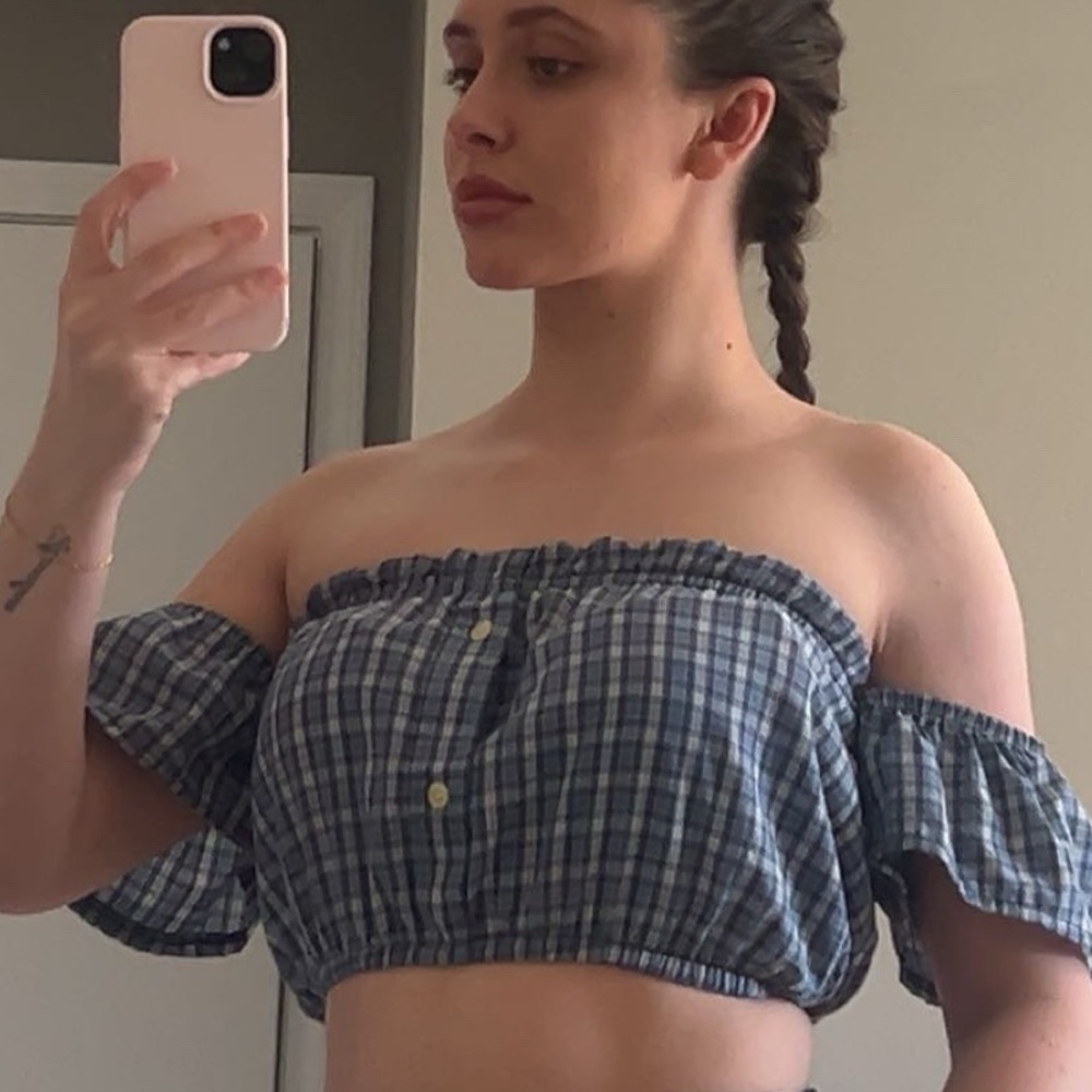 urban outfitters blue plaid off the shoulder top